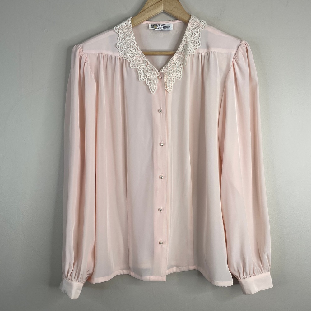 Vintage Crochet Lace Collar Blouse Womens Large Pink Pastel Feminine Soft Dainty